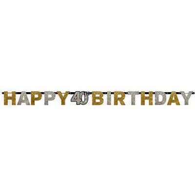 Amscan 120204 hranismatický popisovač písmen, zlatě zbarvené, k 40. narozeninám, Happy Birthday, 2,4 m x 16 cm Amscan 120204 hranismatický popisovač písmen, zlatě zbarvené, k 40. narozeninám, Happy Birthday, 2,4 m x 16 cm
