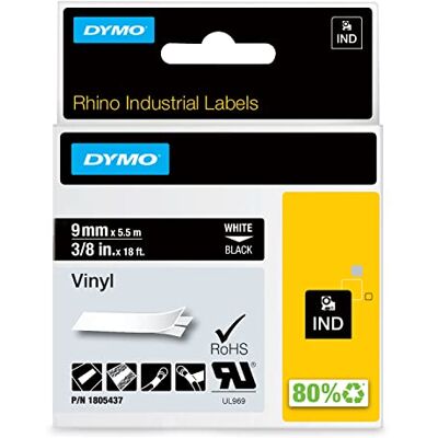 Dymo 1805437 Vinylové štítky Rhino (pro průmysl, 9mm x 5,5m, samolepící) Bílé písmo na černém Dymo 1805437 Vinylové štítky Rhino (pro průmysl, 9mm x 5,5m, samolepící) Bílé písmo na černém
