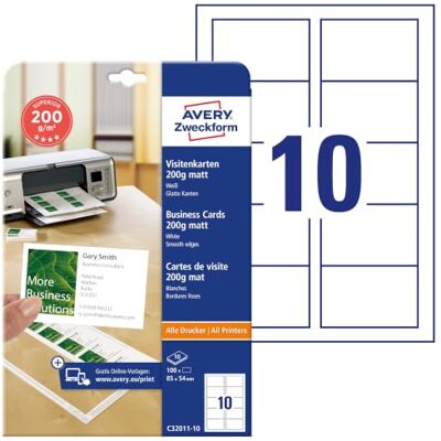 Avery C32011-25 Superior vizitky, prázdné (250 kusů, 200 g, 85 x 54 mm, jednostranně potištěné, matné bílé, absolutně hladké hrany, 25 listů) pro vlastní potisk na všech tiskárnách Avery C32011-25 Superior vizitky, prázdné (250 kusů, 200 g, 85 x 54 mm, jednostranně potištěné, matné bílé, absolutně hladké hrany, 25 listů) pro vlastní potisk na všech tiskárnách