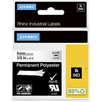 Dymo Rhino Band průmyslové polyesterové etikety, 9 mm x 5,5 m, černé/průhledné Dymo Rhino Band průmyslové polyesterové etikety, 9 mm x 5,5 m, černé/průhledné
