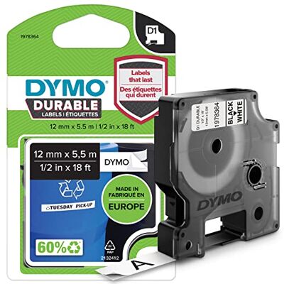 Dymo Originální vysoce výkonná páska na etikety D1 černá na bílé 12 mm x 5,5 m permanentní vinylová páska pro popisovací přístroj LabelManager Dymo Originální vysoce výkonná páska na etikety D1 černá na bílé 12 mm x 5,5 m permanentní vinylová páska pro popisovací přístroj LabelManager