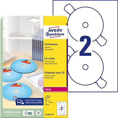 Avery Zweckform L7760-25 selbstklebende CD-Etiketten (50 blickdichte CD-Aufkleber, Ø 117mm auf A4, SuperSize, Papier hochglänzend, bedruckbare Klebeetiketten für alle Laser-Drucker) 25 Blatt, weiß Avery Zweckform L7760-25 selbstklebende CD-Etiketten (50 blickdichte CD-Aufkleber, Ø 117mm auf A4, SuperSize, Papier hochglänzend, bedruckbare Klebeetiketten für alle Laser-Drucker) 25 Blatt, weiß