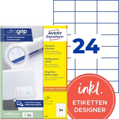 Avery 3474 adresní nálepky (2 400 lepicích štítků, 70 x 37 mm na A4, papír matný, potištěné štítky na odesílatele, samolepicí adresní štítky s ultragripem) 100 listů, bílé Avery 3474 adresní nálepky (2 400 lepicích štítků, 70 x 37 mm na A4, papír matný, potištěné štítky na odesílatele, samolepicí adresní štítky s ultragripem) 100 listů, bílé
