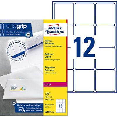 Avery L7164-100 Adressetiketten/Adressaufkleber (1.200 Etiketten mit ultragrip, 63,5x72mm auf A4, bedruckbar, selbstklebend, für DIN C4/C5 Briefkuverts, Papier matt) 100 Blatt, weiß Avery L7164-100 Adressetiketten/Adressaufkleber (1.200 Etiketten mit ultragrip, 63,5x72mm auf A4, bedruckbar, selbstklebend, für DIN C4/C5 Briefkuverts, Papier matt) 100 Blatt, weiß