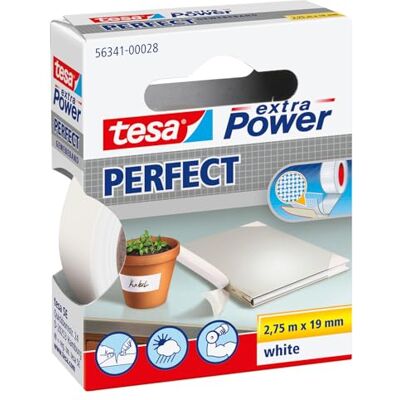tesa extra Power Perfect textilní páska bílá 2,75 m x 19 mm Tkaninou zesílená lepicí páska pro ruční práce, opravy, upevnění, zpevnění a popisování pro vnitřní i venkovní použití tesa extra Power Perfect textilní páska bílá 2,75 m x 19 mm Tkaninou zesílená lepicí páska pro ruční práce, opravy, upevnění, zpevnění a popisování pro vnitřní i venkovní použití