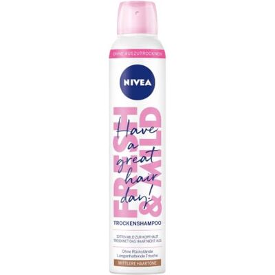 NIVEA Fresh & Mild Dry šampon, střední barvy vlasů, 200 ml Extra jemný sprej na suchý šampon s příjemnou vůní, nezanechává žádné bílé zbytky, veganský NIVEA Fresh & Mild Dry šampon, střední barvy vlasů, 200 ml Extra jemný sprej na suchý šampon s příjemnou vůní, nezanechává žádné bílé zbytky, veganský