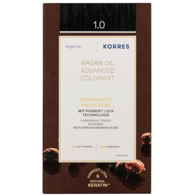KORRES Argan Oil Colorant – barva na vlasy bez amoniaku černá 1. 0 – s bio arganovým olejem, 100% zakrytí šedých vlasů a veganské pro dlouhotrvající barevný výsledek KORRES Argan Oil Colorant – barva na vlasy bez amoniaku černá 1. 0 – s bio arganovým olejem, 100% zakrytí šedých vlasů a veganské pro dlouhotrvající barevný výsledek
