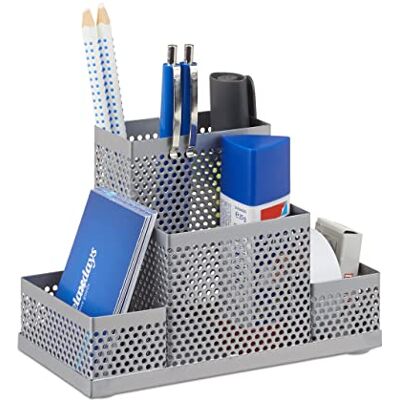Relaxdays Organizér na psací stůl, kov, kancelářský držák na tužky, psací stůl pro děti, děrovaný, V x Š x H: 11x16x8cm, stříbrný Relaxdays Organizér na psací stůl, kov, kancelářský držák na tužky, psací stůl pro děti, děrovaný, V x Š x H: 11x16x8cm, stříbrný