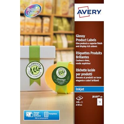 Avery J8105-10 Runde Etiketten für Tintenstrahldrucker Papier Durchmesser 60 mm 120 Stück Weiß Avery J8105-10 Runde Etiketten für Tintenstrahldrucker Papier Durchmesser 60 mm 120 Stück Weiß