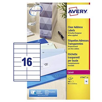 Avery L7562-25 Adressetiketten 16 pro Blatt 99,1 x 33,9 mm 400 Stück transparent Avery L7562-25 Adressetiketten 16 pro Blatt 99,1 x 33,9 mm 400 Stück transparent