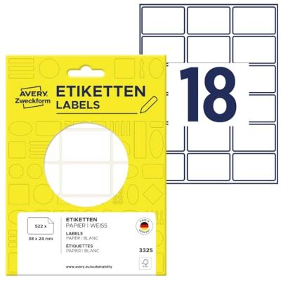 Avery 3325 samolepicí štítky pro domácnost (38 x 24 mm, 522 nálepek na 29 archů, víceúčelové etikety pro domácnost, školu a kancelář k popisování a označování), bílé, bílé Avery 3325 samolepicí štítky pro domácnost (38 x 24 mm, 522 nálepek na 29 archů, víceúčelové etikety pro domácnost, školu a kancelář k popisování a označování), bílé, bílé
