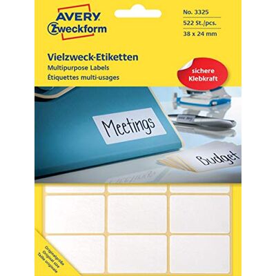 Avery 3325 Samolepicí etikety do domácnosti (38 x 24 mm, 522 nálepek na 29 oblouků, víceúčelové etikety pro domácnost, školy a kancelář k popsání a označení) čisté, bílé Avery 3325 Samolepicí etikety do domácnosti (38 x 24 mm, 522 nálepek na 29 oblouků, víceúčelové etikety pro domácnost, školy a kancelář k popsání a označení) čisté, bílé