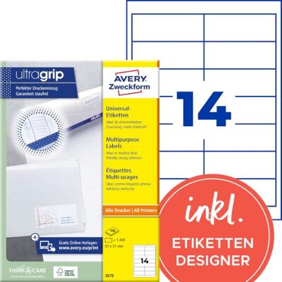 Avery 3678 Adressaufkleber (1.400 Klebeetiketten, 97x37mm auf A4, Papier matt, individuell bedruckbare Absenderetiketten, selbstklebende Adressetiketten mit ultragrip) 100 Blatt, weiß Avery 3678 Adressaufkleber (1.400 Klebeetiketten, 97x37mm auf A4, Papier matt, individuell bedruckbare Absenderetiketten, selbstklebende Adressetiketten mit ultragrip) 100 Blatt, weiß