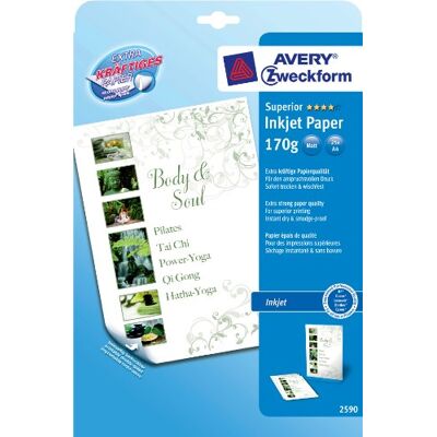Avery , 2590, papír, 25 listů, pro dekorace, mailingy, rozvržení atd., oboustranné povrstvení (možný tisk na obou stranách), A4, 170 g Avery , 2590, papír, 25 listů, pro dekorace, mailingy, rozvržení atd., oboustranné povrstvení (možný tisk na obou stranách), A4, 170 g