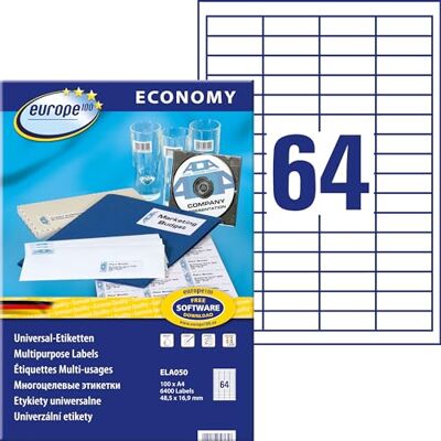 Avery europe100 ELA050 univerzální etikety (6 400 lepicích štítků, formát 48,5 x 16,9 mm na DIN A4, samolepicí univerzální etikety, potisknutelné nálepky) 100 listů, bílé Avery europe100 ELA050 univerzální etikety (6 400 lepicích štítků, formát 48,5 x 16,9 mm na DIN A4, samolepicí univerzální etikety, potisknutelné nálepky) 100 listů, bílé