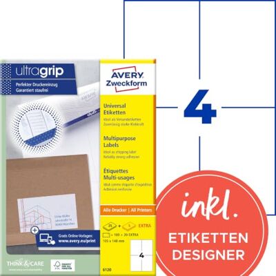 Avery 6120 univerzální etikety (100 plus 20 lepicích etiket extra, 105 x 148 mm na A4, papír matný, potisknutelné přepravní etikety, samolepicí zásilkové nálepky s ultragrip) 30 listů, bílé Avery 6120 univerzální etikety (100 plus 20 lepicích etiket extra, 105 x 148 mm na A4, papír matný, potisknutelné přepravní etikety, samolepicí zásilkové nálepky s ultragrip) 30 listů, bílé