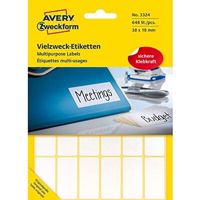 Avery 3324 etikety pro domácnost samolepicí (38 x 18 mm, 648 nálepek na 27 arších, univerzální etikety pro domácnost, školu a kancelář k popisování a označování) prázdné, bílé Avery 3324 etikety pro domácnost samolepicí (38 x 18 mm, 648 nálepek na 27 arších, univerzální etikety pro domácnost, školu a kancelář k popisování a označování) prázdné, bílé