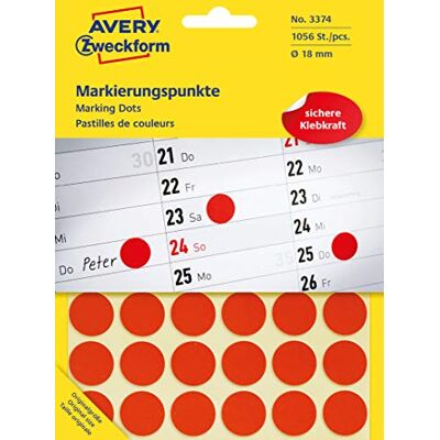 Avery 3374 samolepicí označovací body (Ø 18 mm, 1 056 lepítek na 22 oblouků, kulaté nálepky pro kalendář, plánovací kalendář a pro kutily, papír, matný) červené Avery 3374 samolepicí označovací body (Ø 18 mm, 1 056 lepítek na 22 oblouků, kulaté nálepky pro kalendář, plánovací kalendář a pro kutily, papír, matný) červené