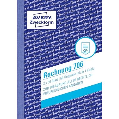 Avery 706 faktura (A6, 2 x 50 listů, s 1 listem modrého papíru a 1 prázdným průrazem, s čistou a hrubou částkou, DPH atd., k zaznamenání všech právně potřebných údajů) bílá/bílá Avery 706 faktura (A6, 2 x 50 listů, s 1 listem modrého papíru a 1 prázdným průrazem, s čistou a hrubou částkou, DPH atd., k zaznamenání všech právně potřebných údajů) bílá/bílá