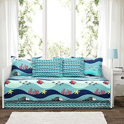 Lush Decor , Mořské motivy s proužky, 6dílná sada na postel – včetně povlečení, povlaků na polštáře a pouzder (cca 190 x 99 cm), modré Lush Decor , Mořské motivy s proužky, 6dílná sada na postel – včetně povlečení, povlaků na polštáře a pouzder (cca 190 x 99 cm), modré