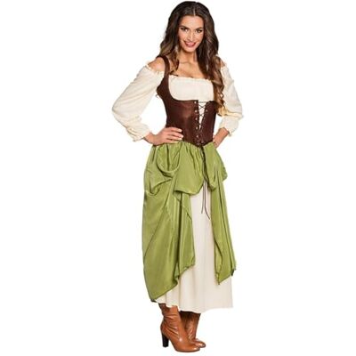 Boland Kostým pro dospělé středověké hostitelky, středověká žena, šaty s halenkou, spodnička, korzet, karneval, Halloween, masopust, tematická party, Zelená/hnědá/bílá Boland Kostým pro dospělé středověké hostitelky, středověká žena, šaty s halenkou, spodnička, korzet, karneval, Halloween, masopust, tematická party, Zelená/hnědá/bílá