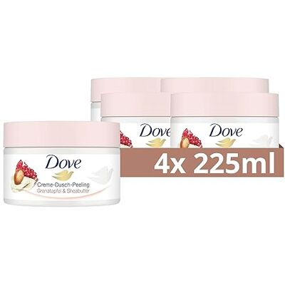 Dove Krémový sprchový peeling granátové jablko & bambucké máslo Scrub Tělový peeling pro hebkou pokožku péče o pleť s jojobovým voskem perly 4x 225 ml Dove Krémový sprchový peeling granátové jablko & bambucké máslo Scrub Tělový peeling pro hebkou pokožku péče o pleť s jojobovým voskem perly 4x 225 ml