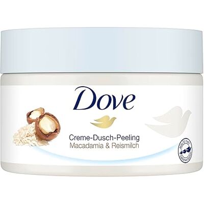 Dove Krémový sprchový peeling macadamia a rýžové mléko na tělový peeling pro hebkou pokožku, péče o pleť s jojobovým voskem, 4 x 225 ml Dove Krémový sprchový peeling macadamia a rýžové mléko na tělový peeling pro hebkou pokožku, péče o pleť s jojobovým voskem, 4 x 225 ml