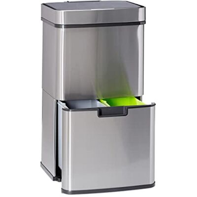 Relaxdays Systém třídění odpadků se senzorem, 3 přihrádky, 60 l, 2 odpadkové koše dole, upínací kroužek nahoře, ušlechtilá ocel odpadkový koš, stříbrný Relaxdays Systém třídění odpadků se senzorem, 3 přihrádky, 60 l, 2 odpadkové koše dole, upínací kroužek nahoře, ušlechtilá ocel odpadkový koš, stříbrný