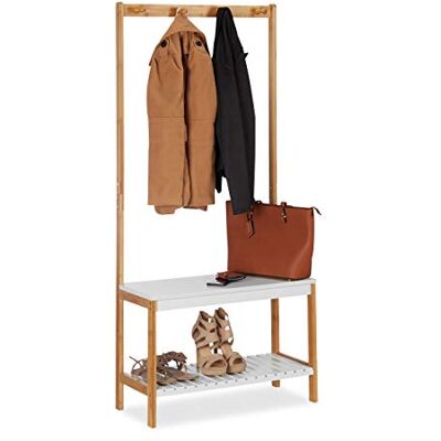 Relaxdays Stojan na šaty s botníkem, 4 háčky na šaty, přírodní bílá s odkládací plochou, bambus a MDF, V x Š x H 150 x 70,5 x 30 cm Relaxdays Stojan na šaty s botníkem, 4 háčky na šaty, přírodní bílá s odkládací plochou, bambus a MDF, V x Š x H 150 x 70,5 x 30 cm