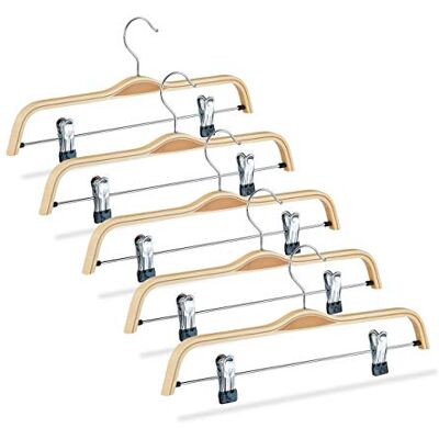 Relaxdays Hosenbügel Holz 5er Set, verstellbare & gummierte Clips, 360° drehbarer Haken, Kleiderbügel, 37cm breit, Natur Relaxdays Hosenbügel Holz 5er Set, verstellbare & gummierte Clips, 360° drehbarer Haken, Kleiderbügel, 37cm breit, Natur