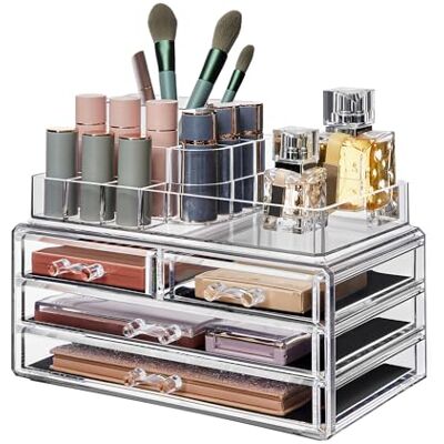 SONGMICS Organizér na make-up, kosmetický organizér se 4 zásuvkami a 11 přihrádkami v různých velikostech, protiskluzové vložky, pro líčení a šperky, transparentní JKA001TP SONGMICS Organizér na make-up, kosmetický organizér se 4 zásuvkami a 11 přihrádkami v různých velikostech, protiskluzové vložky, pro líčení a šperky, transparentní JKA001TP