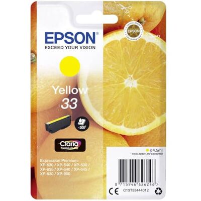 Epson Originální oranžová Claria 33 samostatná inkoustová patrona – žlutá patrona – 1 x 4,5 ml – originální inkoustové náplně pro optimální výsledky tisku Epson Originální oranžová Claria 33 samostatná inkoustová patrona – žlutá patrona – 1 x 4,5 ml – originální inkoustové náplně pro optimální výsledky tisku