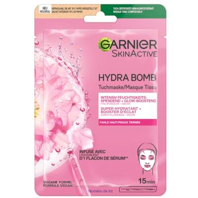 Garnier Textilní maska, obličejová maska pro vypouklou pokožku, zářivá a hydratační, s kyselinou hyaluronovou a sakurou, Hydra Bomb, 28 g Garnier Textilní maska, obličejová maska pro vypouklou pokožku, zářivá a hydratační, s kyselinou hyaluronovou a sakurou, Hydra Bomb, 28 g