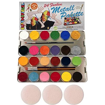 Eulenspiegel Profi-Aqua Schminke Palette, 24 Farben Kovová paleta s vodními barvami na líčení, 3 profesionální štětce, na karneval a tematické párty Eulenspiegel Profi-Aqua Schminke Palette, 24 Farben Kovová paleta s vodními barvami na líčení, 3 profesionální štětce, na karneval a tematické párty