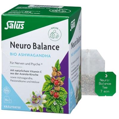 Salus – Neuro Balance Bio Ashwagandha čaj – 1 x 15 filtračních sáčků Pro nervy a psychiku – s přírodním vitamínem C, Ashwagandha, mučenka a melissou – pro uvolněné dny – bio Salus – Neuro Balance Bio Ashwagandha čaj – 1 x 15 filtračních sáčků Pro nervy a psychiku – s přírodním vitamínem C, Ashwagandha, mučenka a melissou – pro uvolněné dny – bio