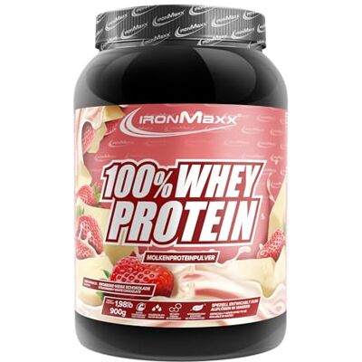 IronMaxx 100% Whey Protein prášek jahoda bílá čokoláda 900 g dóza redukovaný cukr, ve vodě rozpustný proteinový prášek ze syrovátkového proteinu mnoho různých příchutí IronMaxx 100% Whey Protein prášek jahoda bílá čokoláda 900 g dóza redukovaný cukr, ve vodě rozpustný proteinový prášek ze syrovátkového proteinu mnoho různých příchutí
