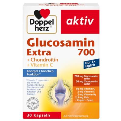 Doppelherz Glukosamin 700 Extra s chondroitinem + vitamín C S vitaminem C pro normální funkci chrupavky a kostí – 30 kapslí Doppelherz Glukosamin 700 Extra s chondroitinem + vitamín C S vitaminem C pro normální funkci chrupavky a kostí – 30 kapslí