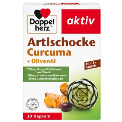 Doppelherz artyčok + olivový olej + kurkuma S 220 mg artyčoků, 250 Omega 9 mastných kyselin z olivového oleje – navíc extrakt z kořene kurkumy – 30 kapslí Doppelherz artyčok + olivový olej + kurkuma S 220 mg artyčoků, 250 Omega 9 mastných kyselin z olivového oleje – navíc extrakt z kořene kurkumy – 30 kapslí