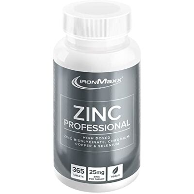 IronMaxx Zinc Professional 365 veganských zinkových tablet ve vysokých dávkách 25 mg zinku v jedné tabletě zinkový doplněk stravy s mědí, selenem a chromem IronMaxx Zinc Professional 365 veganských zinkových tablet ve vysokých dávkách 25 mg zinku v jedné tabletě zinkový doplněk stravy s mědí, selenem a chromem