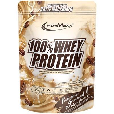 IronMaxx 100% Whey Protein prášek 500 g v sáčku Latte Macchiato – chutný High Protein Shake, 37 g bílkovin v každé porci, Power nápoj pro intenzivní svalový trénink, s BCAA a EAA IronMaxx 100% Whey Protein prášek 500 g v sáčku Latte Macchiato – chutný High Protein Shake, 37 g bílkovin v každé porci, Power nápoj pro intenzivní svalový trénink, s BCAA a EAA