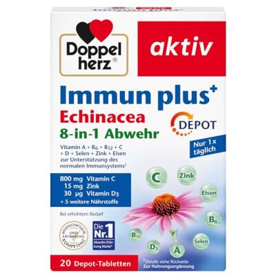 Doppelherz Immun plus Echinacea 8 v 1 ochrana DEPOT S vitamínem C, vitaminem D a zinkem jako příspěvek k normální funkci imunitního systému 20 tablet Depot Doppelherz Immun plus Echinacea 8 v 1 ochrana DEPOT S vitamínem C, vitaminem D a zinkem jako příspěvek k normální funkci imunitního systému 20 tablet Depot