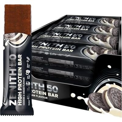 IronMaxx Zenith 50 High Protein Bar Cookies & Cream 16 x 45 g Bílkovinné tyčinky s 50 % proteiny Low Sugar Snack s krémovým obalem High Proteinová tyčinka pro růst svalů, dietu a fitness IronMaxx Zenith 50 High Protein Bar Cookies & Cream 16 x 45 g Bílkovinné tyčinky s 50 % proteiny Low Sugar Snack s krémovým obalem High Proteinová tyčinka pro růst svalů, dietu a fitness