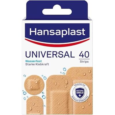 Elastoplast Hansaplast Univerzální náplast (40 proužků), náplast odpuzující nečistoty a vodu, sada náplastí se silnou přilnavostí & Bacteria Shield Elastoplast Hansaplast Univerzální náplast (40 proužků), náplast odpuzující nečistoty a vodu, sada náplastí se silnou přilnavostí & Bacteria Shield