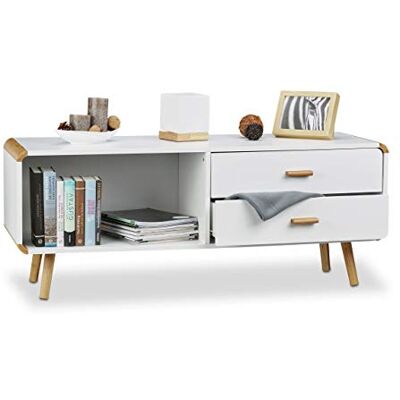 Relaxdays Komoda zaoblená se 2 zásuvkami, dlouhá nízká komoda s nohami, plochá TV lavice V x Š x H 48 x 120 x 40 cm, bílá Relaxdays Komoda zaoblená se 2 zásuvkami, dlouhá nízká komoda s nohami, plochá TV lavice V x Š x H 48 x 120 x 40 cm, bílá