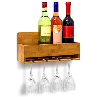 Relaxdays Regál na víno se skleněným držákem v x š x h: cca 17 x 37 x 11,5 cm regál na láhve z bambusu s místem pro 4 láhve a 4 sklenice pro montáž na stěnu závěsná police dřevo jako držák na láhve Relaxdays Regál na víno se skleněným držákem v x š x h: cca 17 x 37 x 11,5 cm regál na láhve z bambusu s místem pro 4 láhve a 4 sklenice pro montáž na stěnu závěsná police dřevo jako držák na láhve