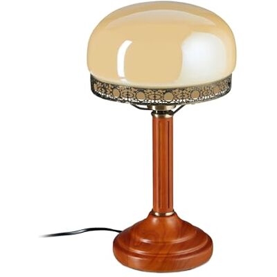 Relaxdays Stolní lampa kulatá dřevěná noha nostalgie secesní vzhled, béžová/mosazná optika 10016611, antický Relaxdays Stolní lampa kulatá dřevěná noha nostalgie secesní vzhled, béžová/mosazná optika 10016611, antický