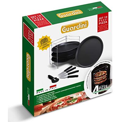 Guardini Geschenkbox Pizza-Set 10-teilig: 1 Blechhalter+4 Pizzableche Ø 32 cm+4 Pizzamesser+1 Pizzaschneider, Stahl mit Antihaftbeschichtung, Farbe Schwarz, 27514RK Guardini Geschenkbox Pizza-Set 10-teilig: 1 Blechhalter+4 Pizzableche Ø 32 cm+4 Pizzamesser+1 Pizzaschneider, Stahl mit Antihaftbeschichtung, Farbe Schwarz, 27514RK