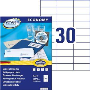 Europe100 Art. ELA047 univerzální etikety (3. 000 samolepicích štítků, 70 x 29,7 mm na A4, papír matný, individuálně potisknutelné, samolepicí nálepky, kompatibilní s AVERY 3489) 100 listů, bílé Europe100 Art. ELA047 univerzální etikety (3. 000 samolepicích štítků, 70 x 29,7 mm na A4, papír matný, individuálně potisknutelné, samolepicí nálepky, kompatibilní s AVERY 3489) 100 listů, bílé