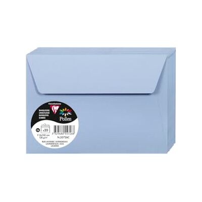 Clairefontaine 55726C balení s 20 obálkami pylu, formát C6, 114 x 162 mm, 120 g, ideální pro pozvánky a korespondenci, levandulová modrá, 1 balení Clairefontaine 55726C balení s 20 obálkami pylu, formát C6, 114 x 162 mm, 120 g, ideální pro pozvánky a korespondenci, levandulová modrá, 1 balení