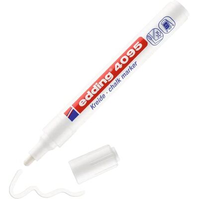 Edding 4095 křídový popisovač – bílý – 1 křídová tužka – kulatý hrot 2–3 mm – křídová tužka na tabuli omyvatelná – k popisování oken, skla, zrcadla – tabulová tužka s krycími barvami Edding 4095 křídový popisovač – bílý – 1 křídová tužka – kulatý hrot 2–3 mm – křídová tužka na tabuli omyvatelná – k popisování oken, skla, zrcadla – tabulová tužka s krycími barvami